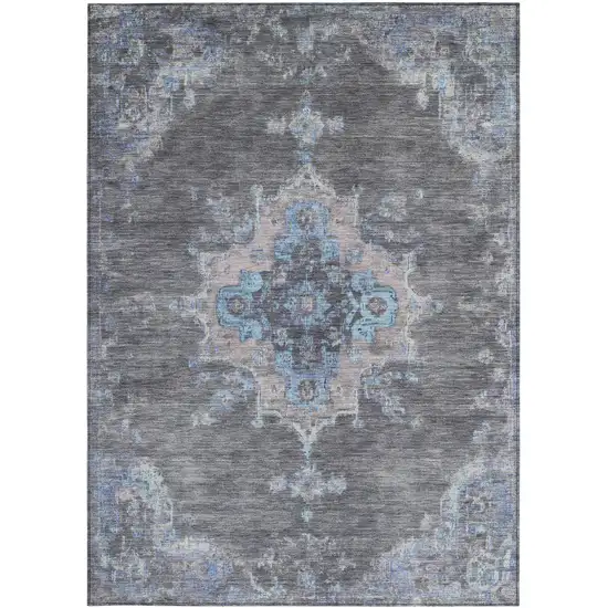 Graphite And Blue Medallion Washable Indoor Outdoor Area Rug Photo 5