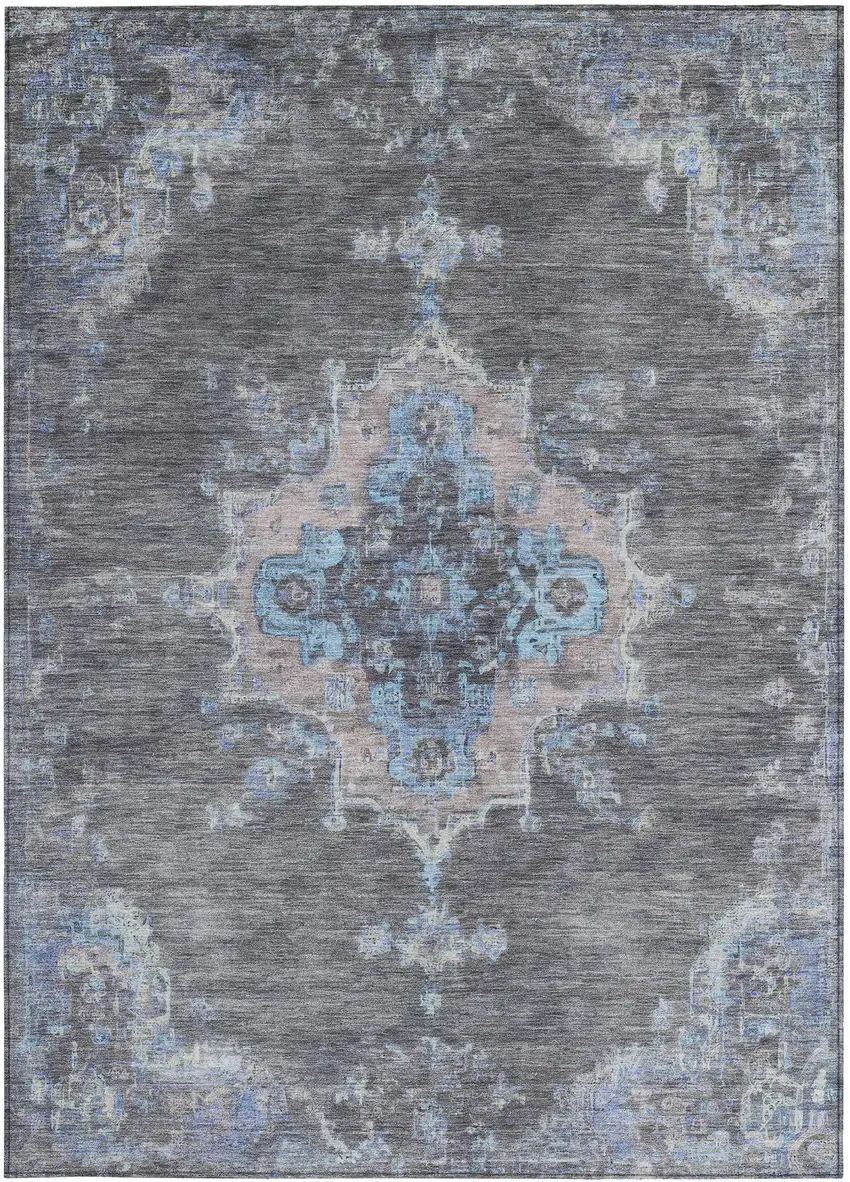 Graphite And Blue Medallion Washable Indoor Outdoor Area Rug Photo 5