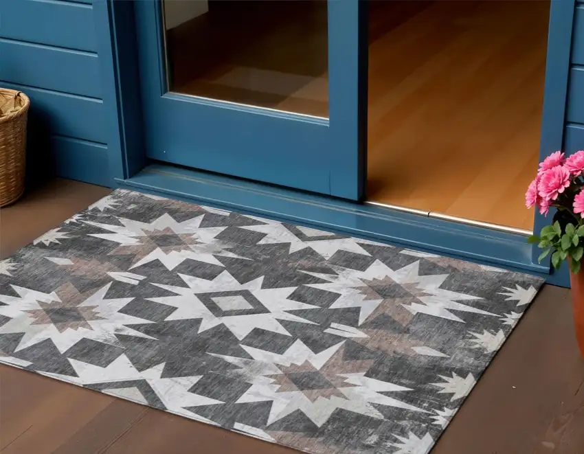 Graphite And Brown Aztec Washable Indoor Outdoor Area Rug Photo 2
