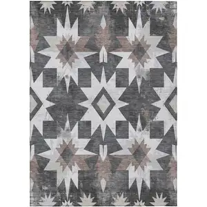 Photo of Graphite And Brown Aztec Washable Indoor Outdoor Area Rug