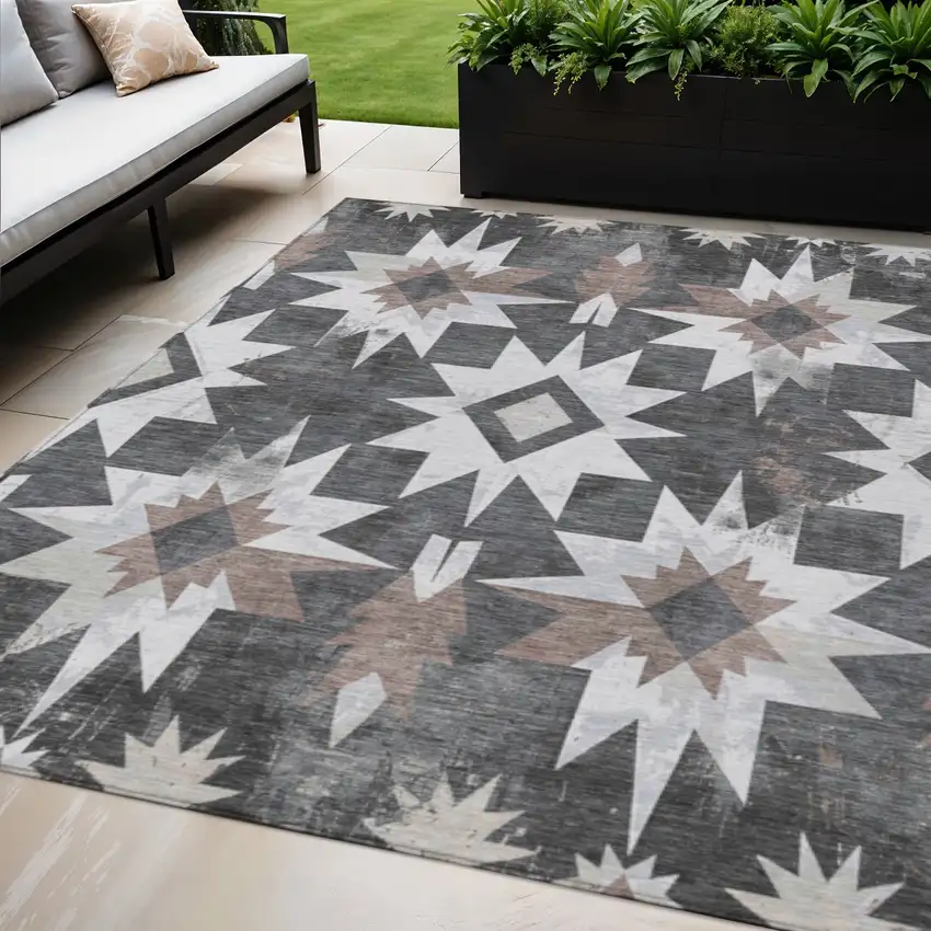 Graphite And Brown Aztec Washable Indoor Outdoor Area Rug Photo 2