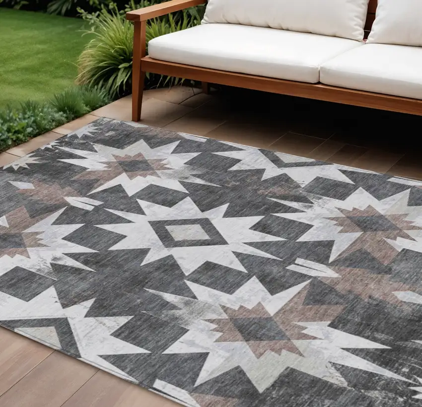 Graphite And Brown Aztec Washable Indoor Outdoor Area Rug Photo 2