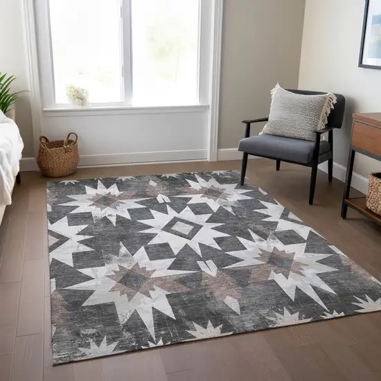 Graphite And Brown Aztec Washable Indoor Outdoor Area Rug Photo 7