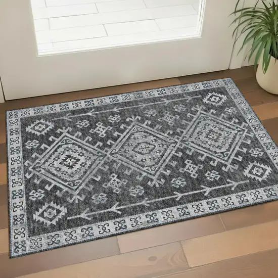 Graphite And Charcoal Geometric Washable Area Rug With UV Protection Photo 1