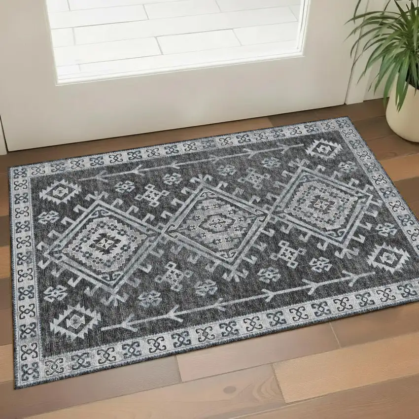Graphite And Charcoal Geometric Washable Area Rug With UV Protection Photo 1
