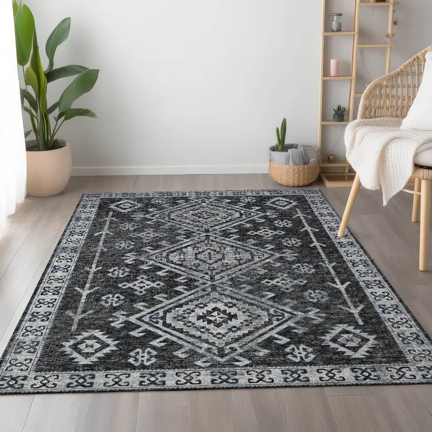 Graphite And Charcoal Geometric Washable Area Rug With UV Protection Photo 5