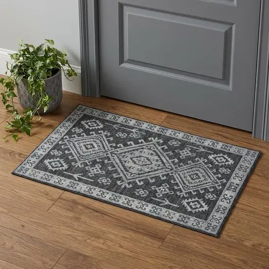 Graphite And Charcoal Diamond Distressed Washable Area Rug With UV Protection Photo 1