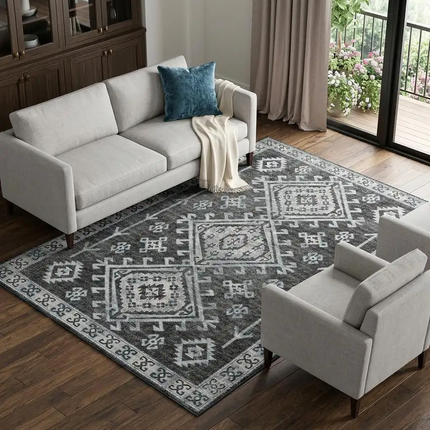 Graphite And Charcoal Diamond Distressed Washable Area Rug With UV Protection Photo 1
