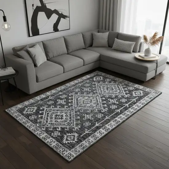 Graphite And Charcoal Geometric Washable Area Rug With UV Protection Photo 1
