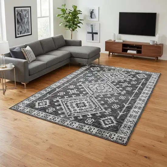 Graphite And Charcoal Geometric Washable Area Rug With UV Protection Photo 1