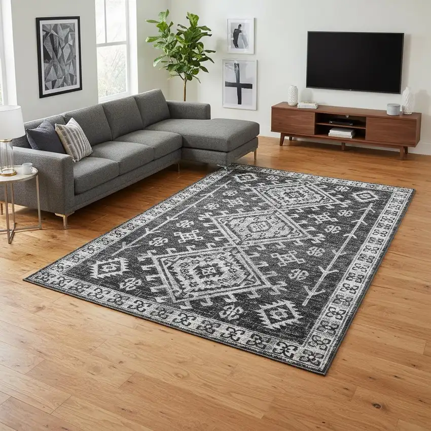 Graphite And Charcoal Geometric Washable Area Rug With UV Protection Photo 1