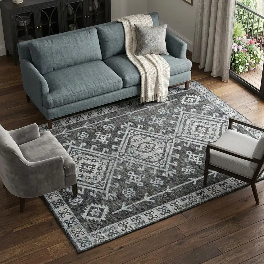 Graphite And Charcoal Diamond Distressed Washable Area Rug With UV Protection Photo 1