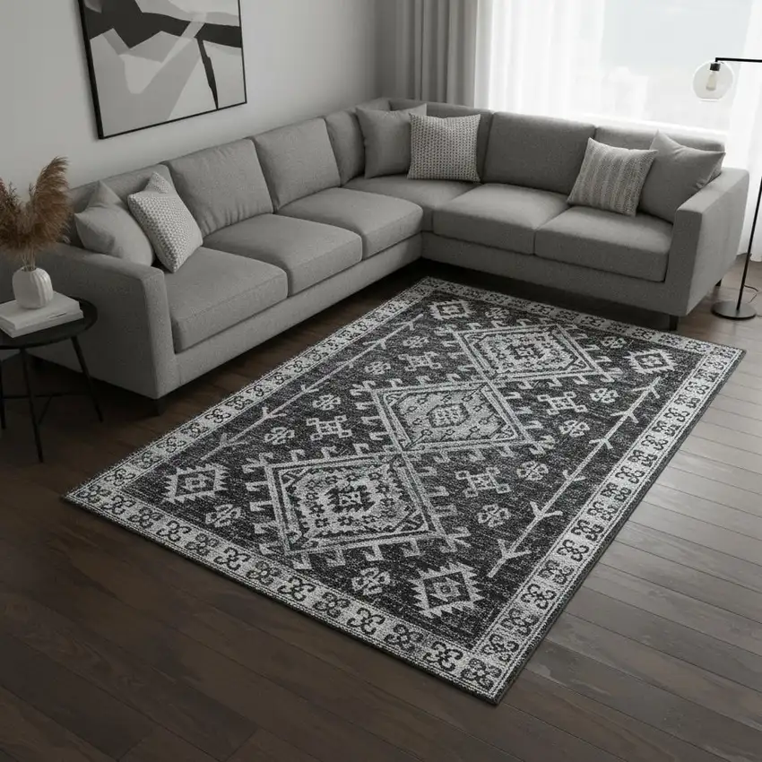 Graphite And Charcoal Geometric Washable Area Rug With UV Protection Photo 1