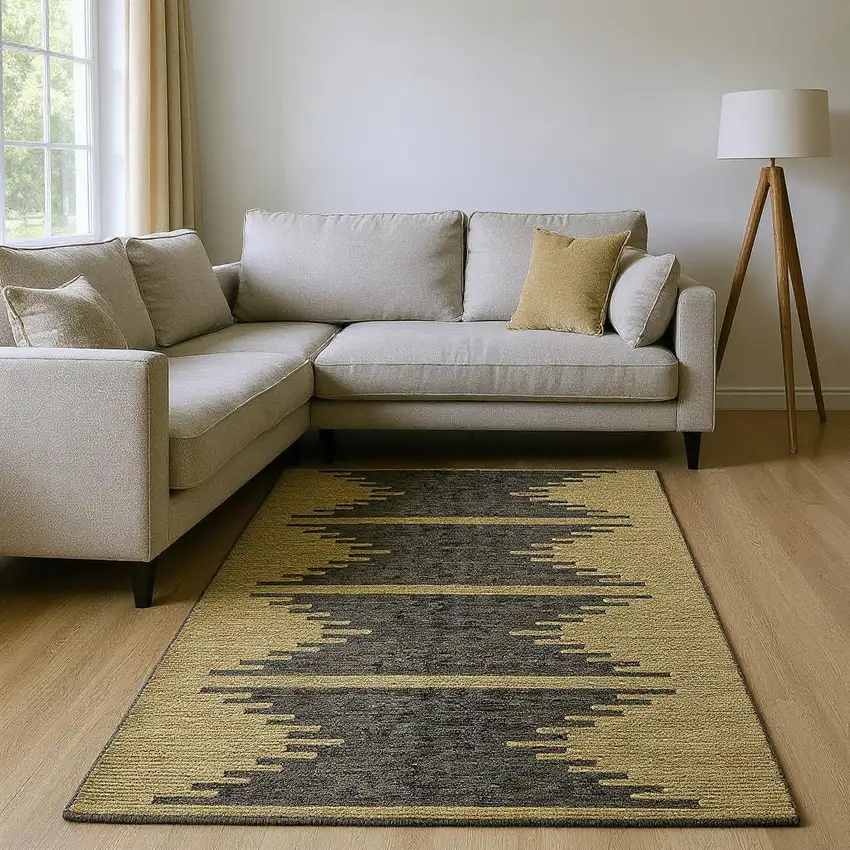 Graphite And Gold Abstract Washable Area Rug With UV Protection Photo 2