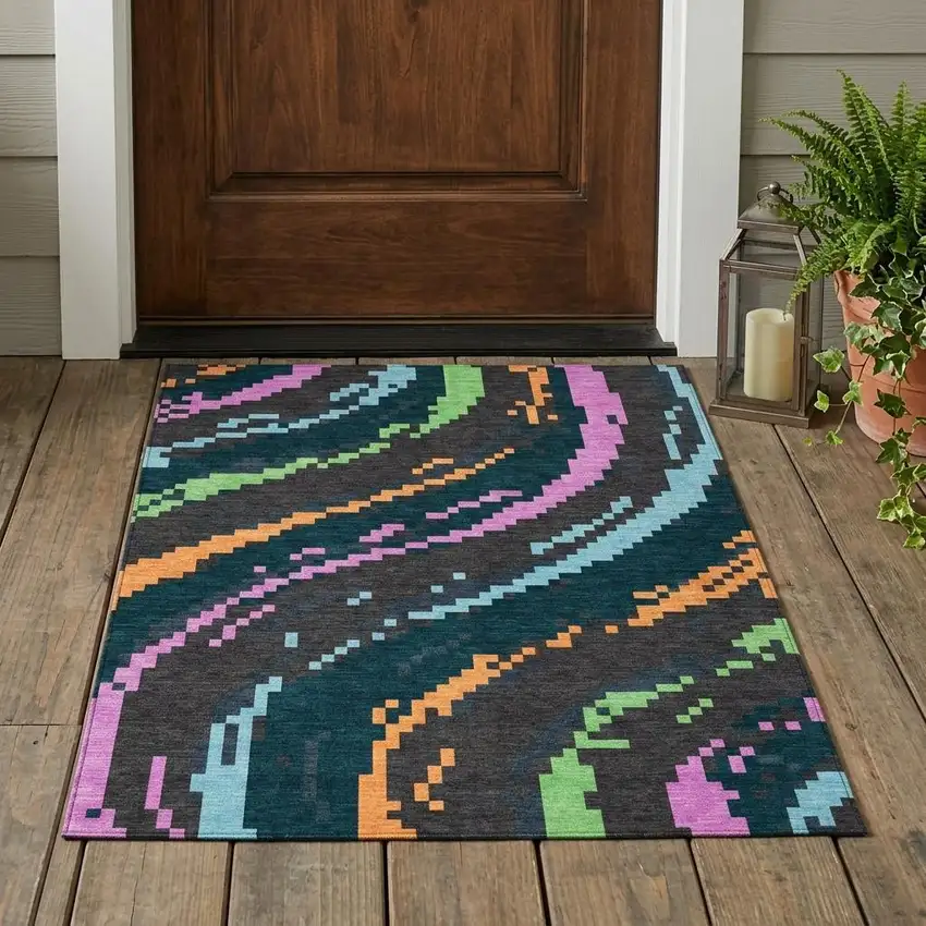 Graphite And Gray Abstract Washable Indoor Outdoor Area Rug Photo 1
