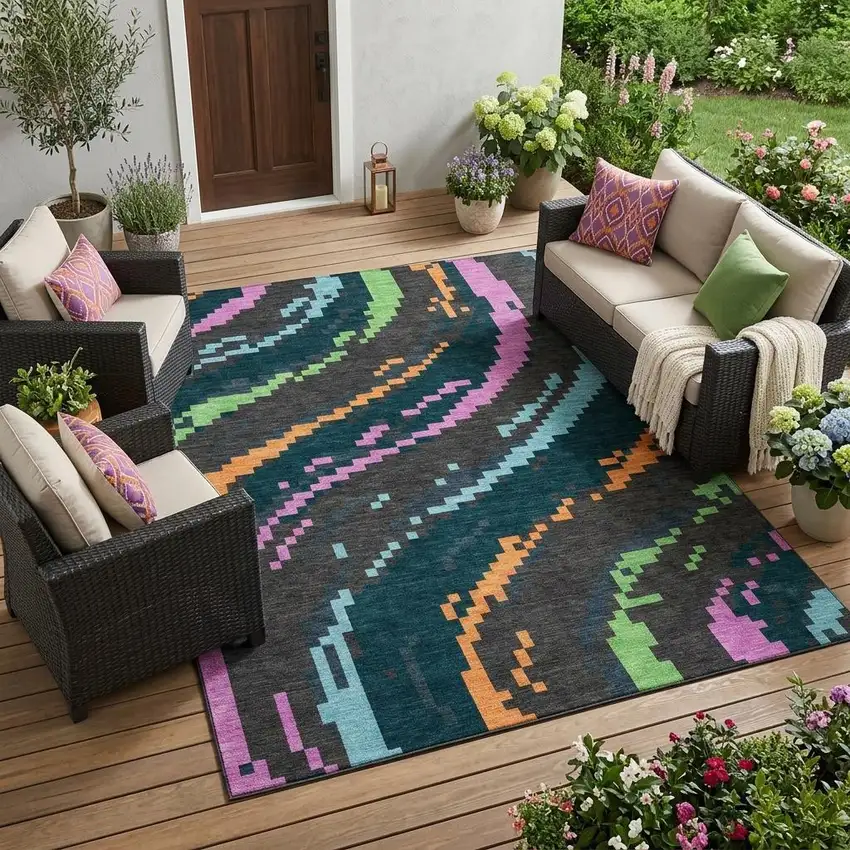 Graphite And Gray Abstract Washable Indoor Outdoor Area Rug Photo 1