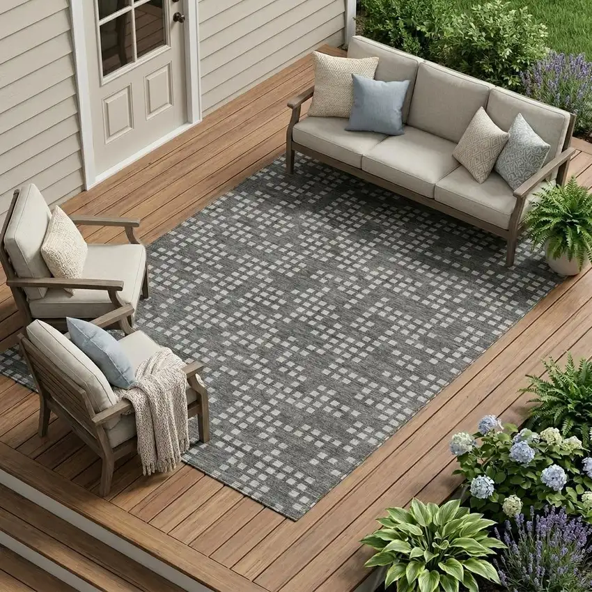 Graphite And Gray Abstract Washable Indoor Outdoor Area Rug Photo 1