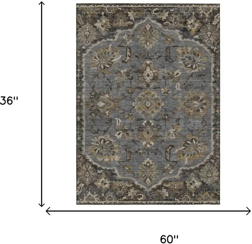 Graphite And Gray Floral Medallion Washable Indoor Outdoor Area Rug Photo 5