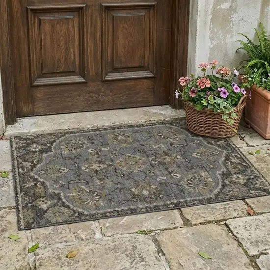 Graphite And Gray Floral Medallion Washable Indoor Outdoor Area Rug Photo 1