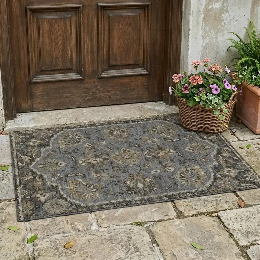 Graphite And Gray Floral Medallion Washable Indoor Outdoor Area Rug Photo 1