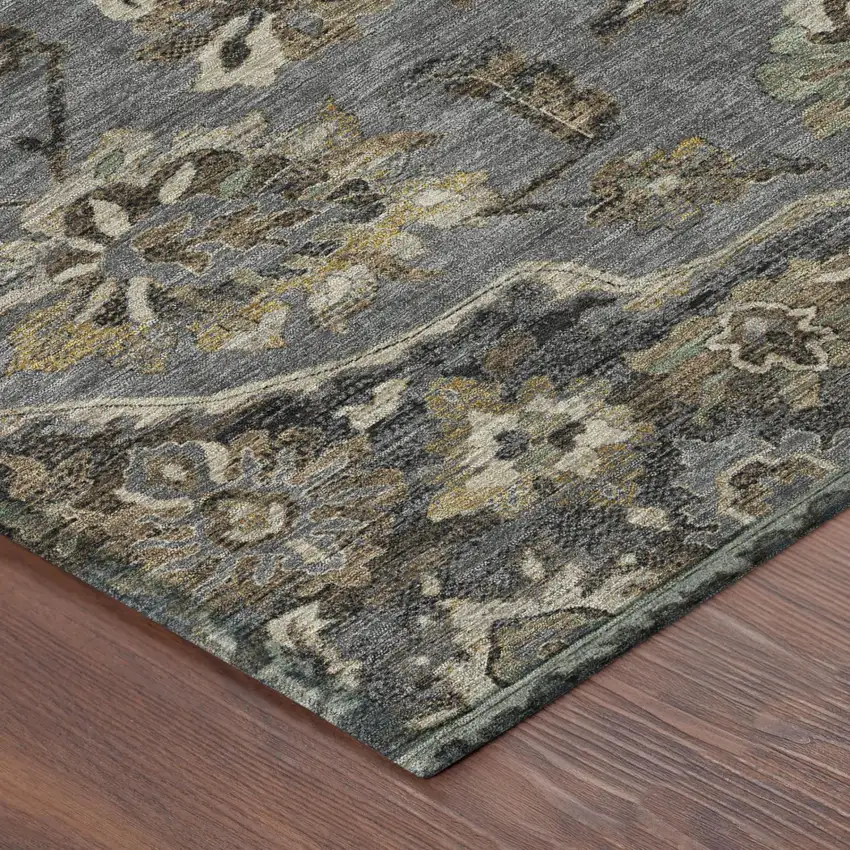 Graphite And Gray Floral Medallion Washable Indoor Outdoor Area Rug Photo 3