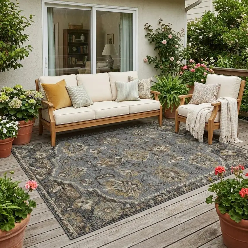 Graphite And Gray Floral Medallion Washable Indoor Outdoor Area Rug Photo 1