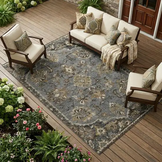 Graphite And Gray Floral Medallion Washable Indoor Outdoor Area Rug Photo 1
