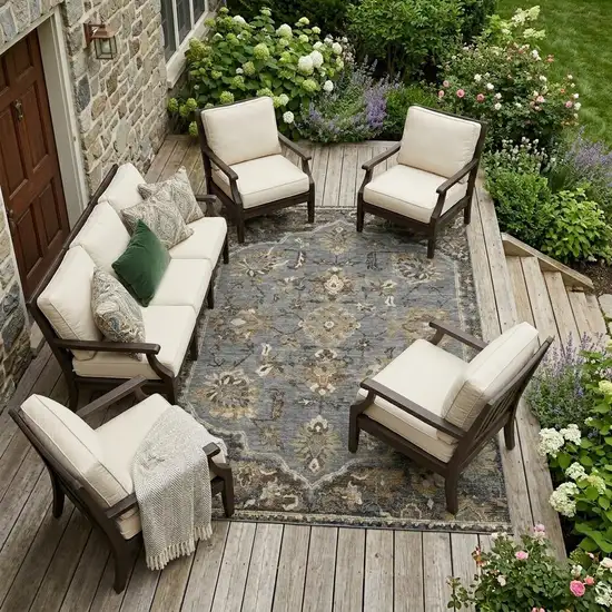 Graphite And Gray Floral Medallion Washable Indoor Outdoor Area Rug Photo 1