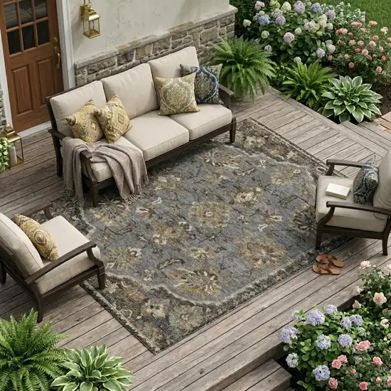 Graphite And Gray Floral Medallion Washable Indoor Outdoor Area Rug Photo 1