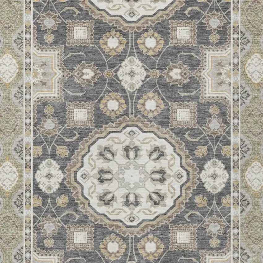 Graphite And Gray Floral Medallion Washable Indoor Outdoor Area Rug Photo 2