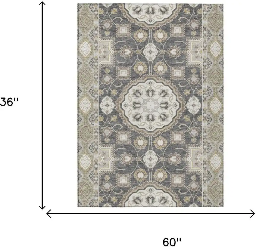 Graphite And Gray Floral Medallion Washable Indoor Outdoor Area Rug Photo 6