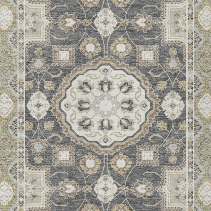 Graphite And Gray Floral Medallion Washable Indoor Outdoor Area Rug Photo 3