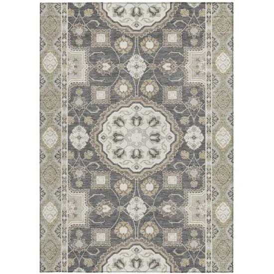 Graphite And Gray Floral Medallion Washable Indoor Outdoor Area Rug Photo 3