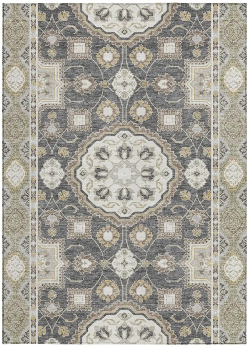 Graphite And Gray Floral Medallion Washable Indoor Outdoor Area Rug Photo 3