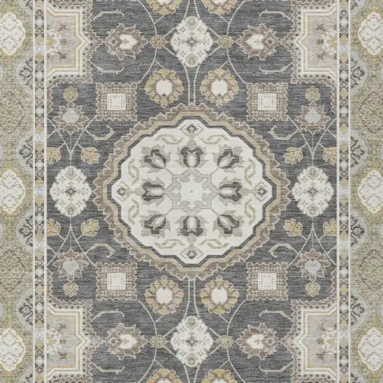 Graphite And Gray Floral Medallion Washable Indoor Outdoor Area Rug Photo 1