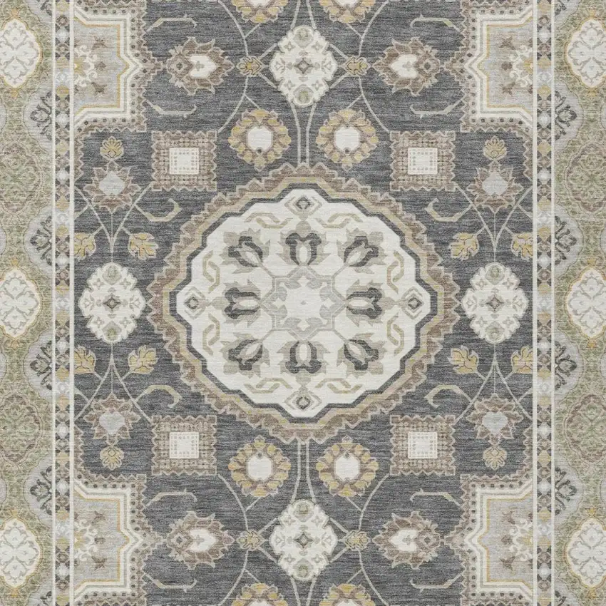 Graphite And Gray Floral Medallion Washable Indoor Outdoor Area Rug Photo 1
