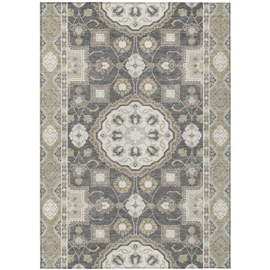 Graphite And Gray Floral Medallion Washable Indoor Outdoor Area Rug Photo 1