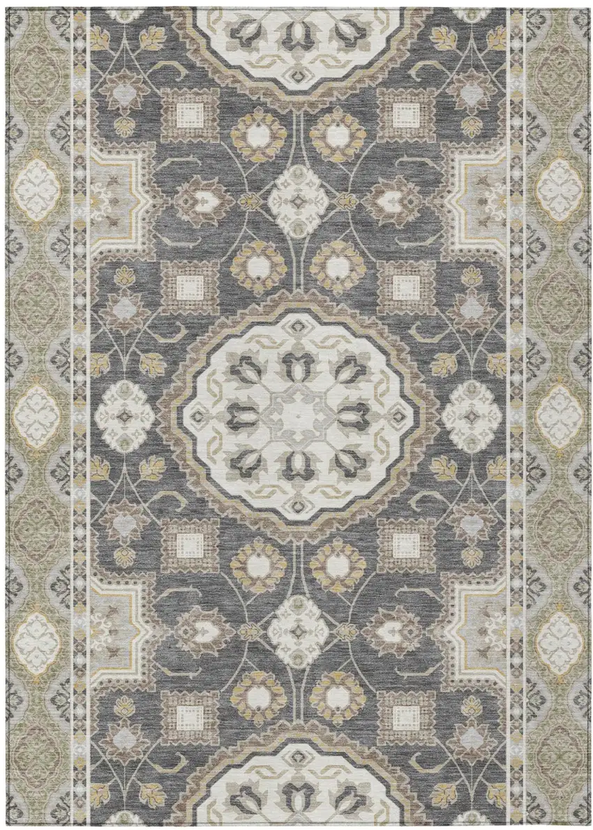 Graphite And Gray Floral Medallion Washable Indoor Outdoor Area Rug Photo 1