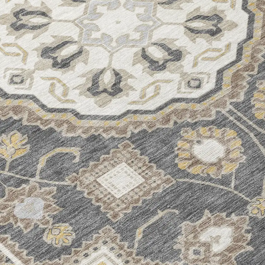 Graphite And Gray Floral Medallion Washable Indoor Outdoor Area Rug Photo 5