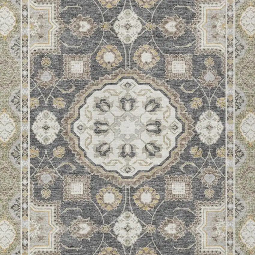 Graphite And Gray Floral Medallion Washable Indoor Outdoor Area Rug Photo 3
