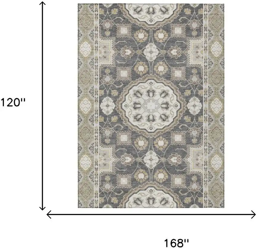 Graphite And Gray Floral Medallion Washable Indoor Outdoor Area Rug Photo 6