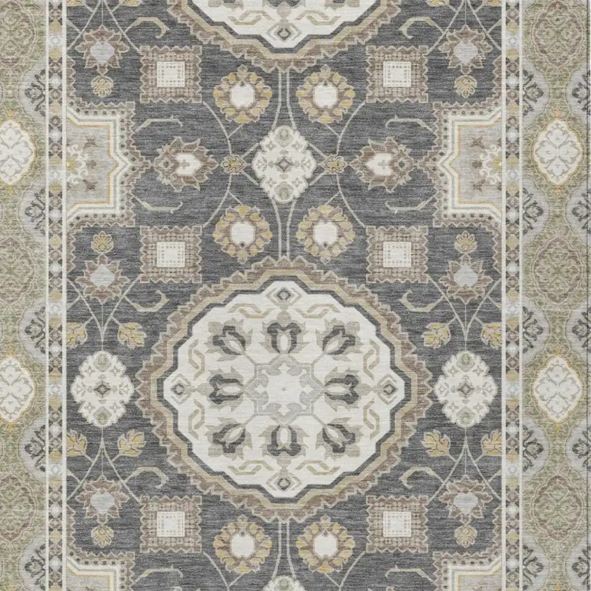Graphite And Gray Floral Medallion Washable Indoor Outdoor Area Rug Photo 2