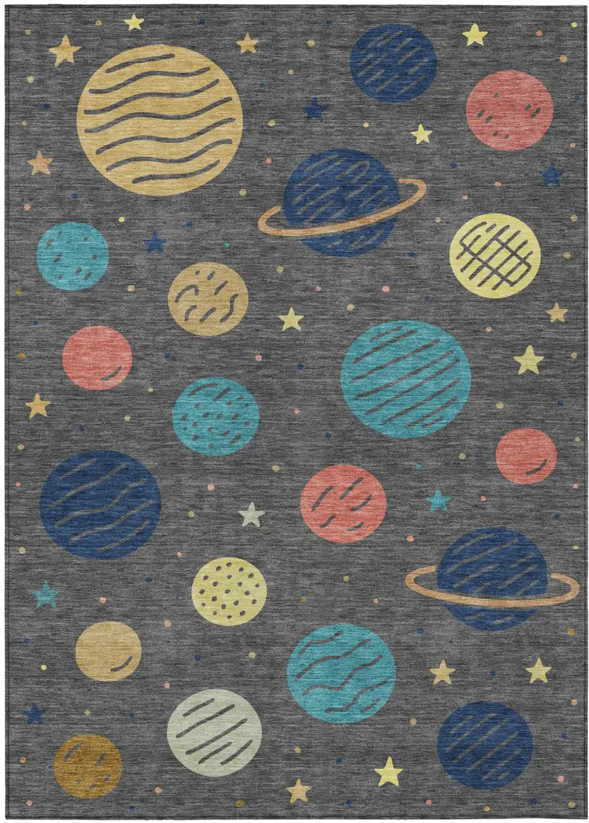Graphite And Gray Floral Washable Indoor Outdoor Area Rug Photo 1