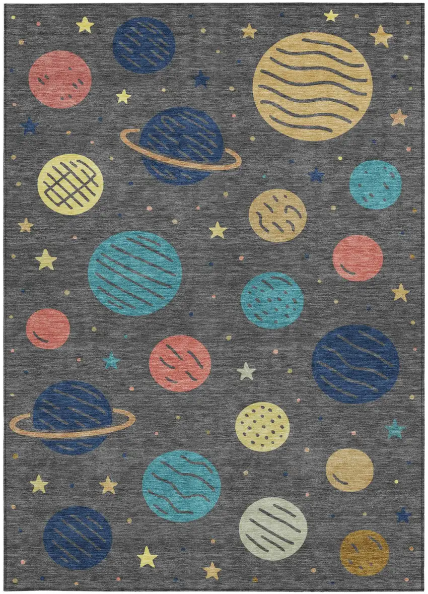 Graphite And Gray Floral Washable Indoor Outdoor Area Rug Photo 3