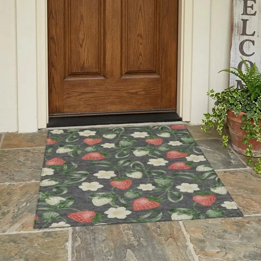 Graphite And Gray Floral Washable Indoor Outdoor Area Rug Photo 1