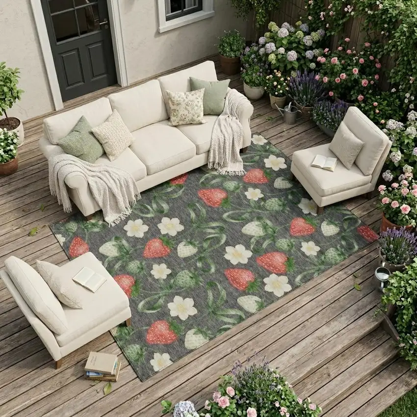 Graphite And Gray Floral Washable Indoor Outdoor Area Rug Photo 1