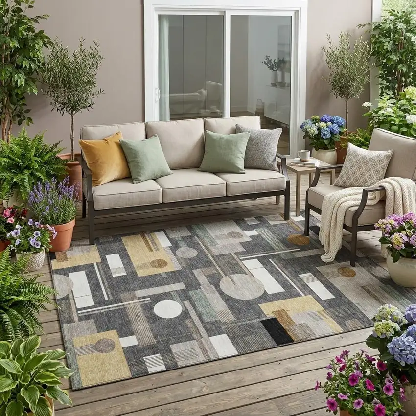 Graphite And Gray Geometric Washable Indoor Outdoor Area Rug Photo 1