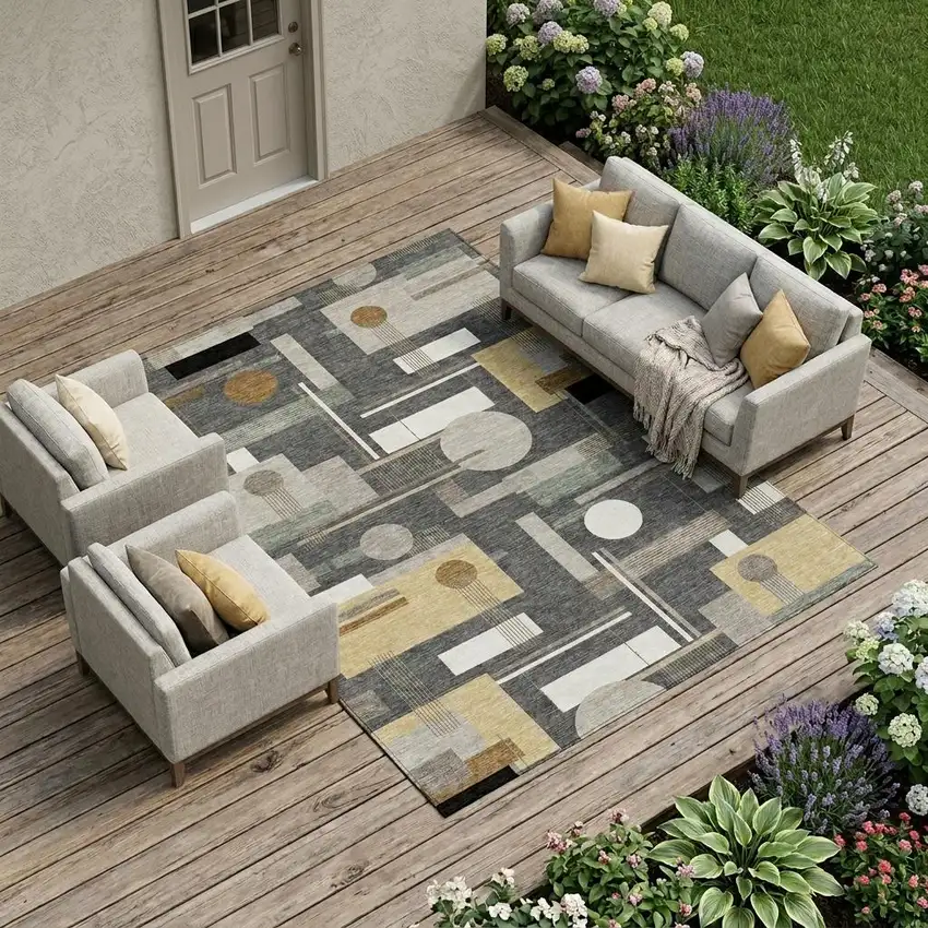 Graphite And Gray Geometric Washable Indoor Outdoor Area Rug Photo 1