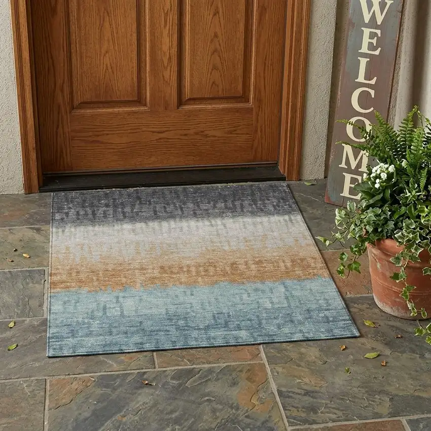 Graphite And Gray Striped Washable Indoor Outdoor Area Rug Photo 1
