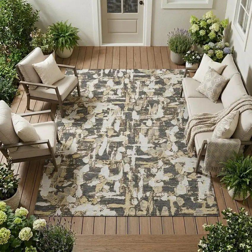 Graphite And Ivory Abstract Washable Indoor Outdoor Area Rug Photo 1